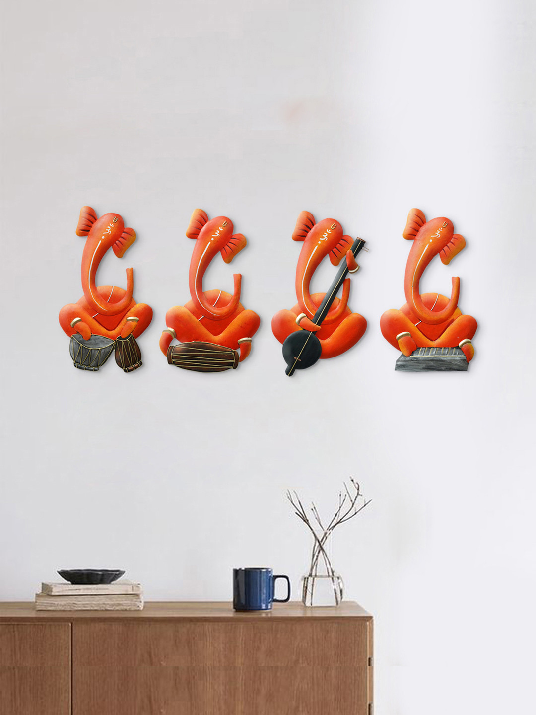 eCraftIndia Musician Lord Ganesha Orange Iron Metallic Prayer Room Music Set of 4 Medium Showpieces - 14.2 Inches