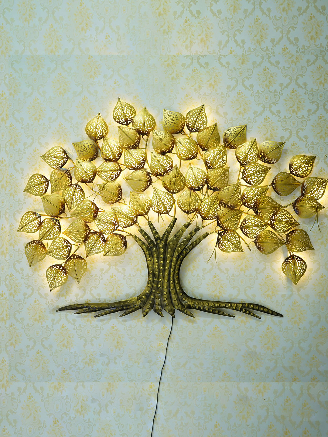eCraftIndia Golden Leaves Tree Metal Glossy Hanging Hall Wall Hangings-37In