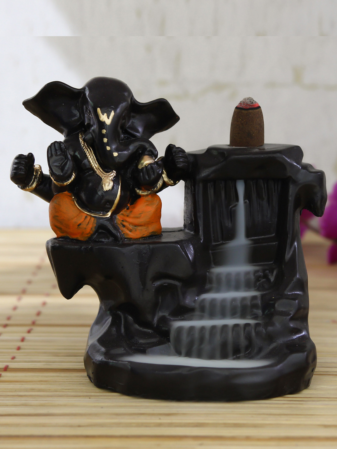 eCraftIndia Ganesha Smoke Backflow Cone Orange Polyresin Natural Prayer Room Fountain Medium Showpiece - 4.7 Inches