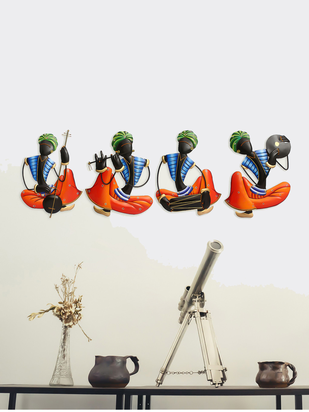 eCraftIndia Set Of 4 Orange & Black Handcrafted Wall Hangings