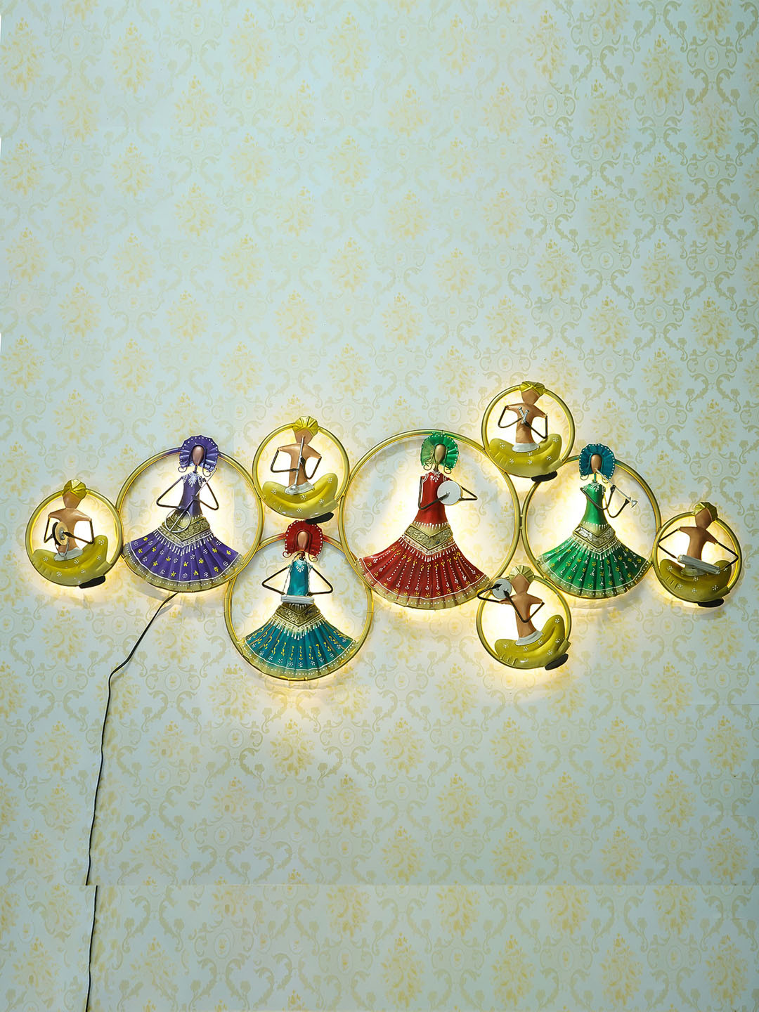 eCraftIndia Gold-Toned & Red Handcrafted Group Of Dancing Tribal Women With LED Wall Hanging Showpiece