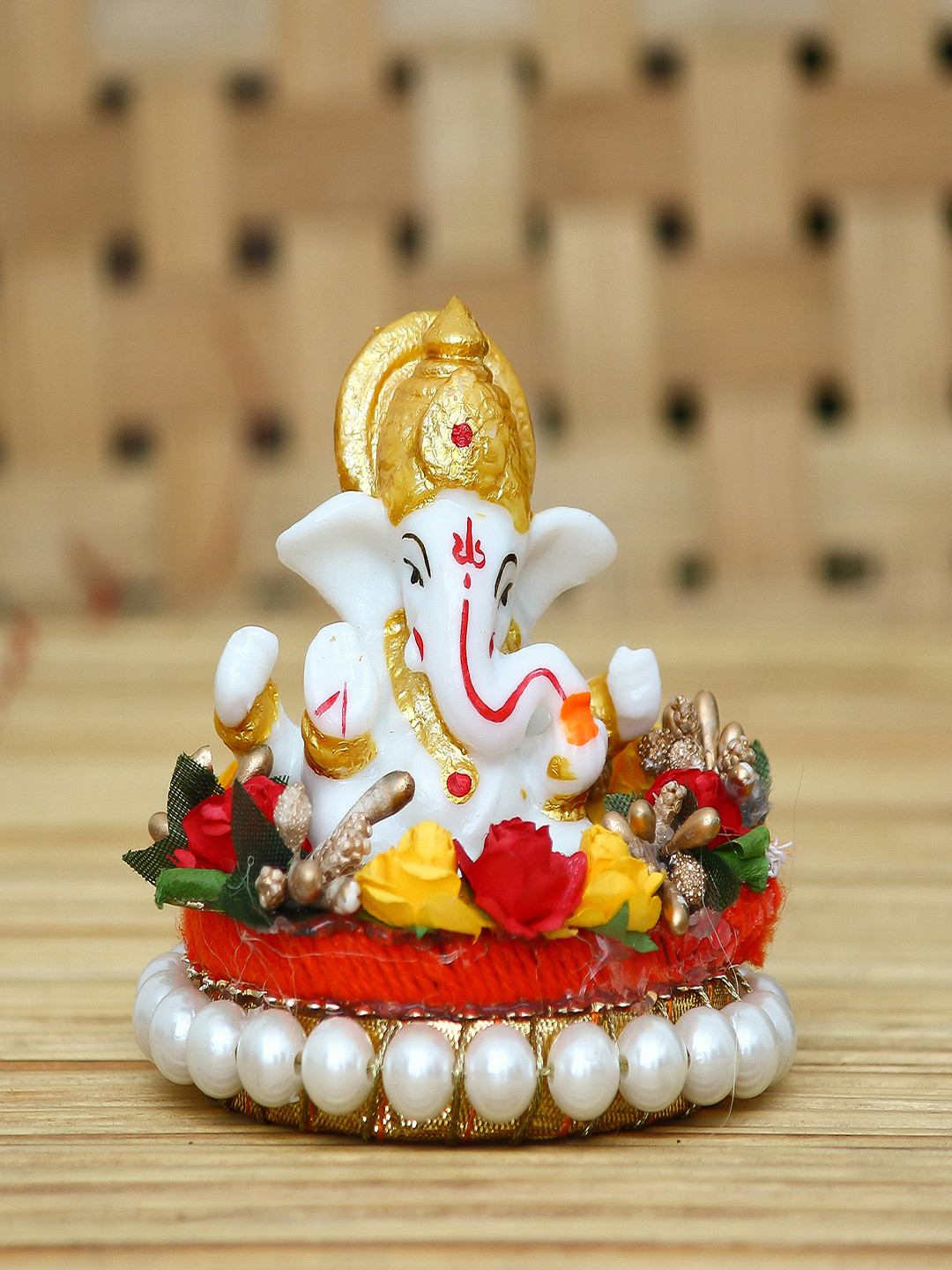 eCraftIndia Lord Ganesha on Decorative Plate White Metal Metallic Prayer Room Hand-Crafted Tiny Showpiece - 2.8 Inches
