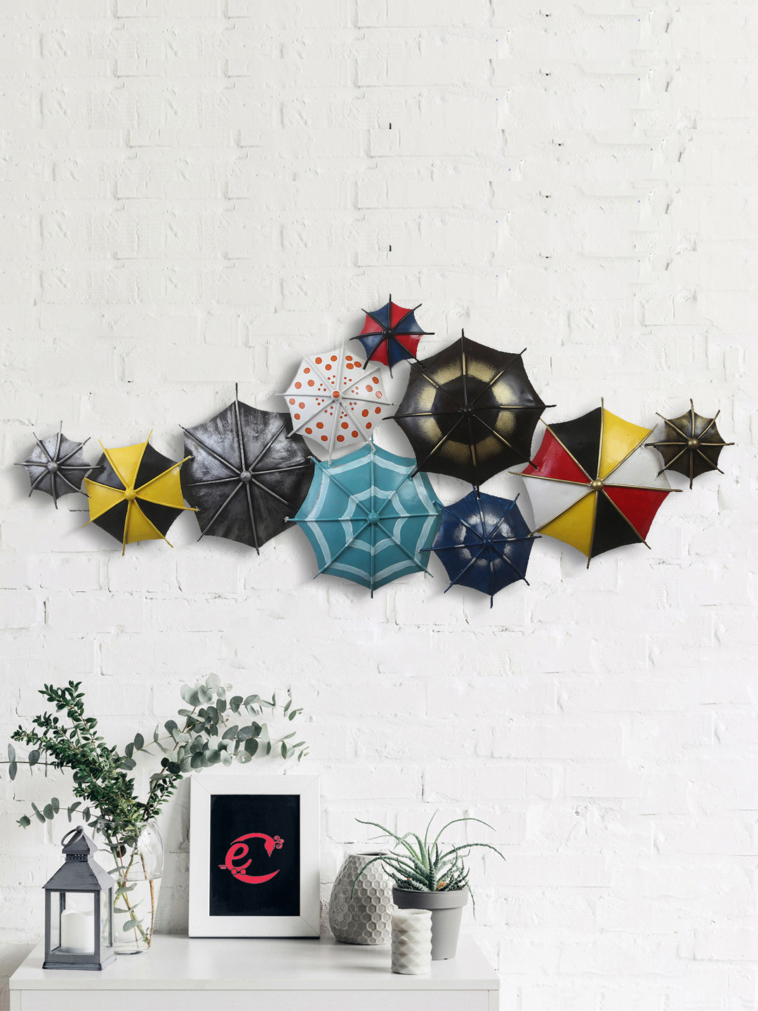 eCraftIndia Colorful Handcrafted Umbrella's Iron Wall Hanging Black Iron Metallic Living Room Hand-Crafted Large Showpiece - 20.5 Inches