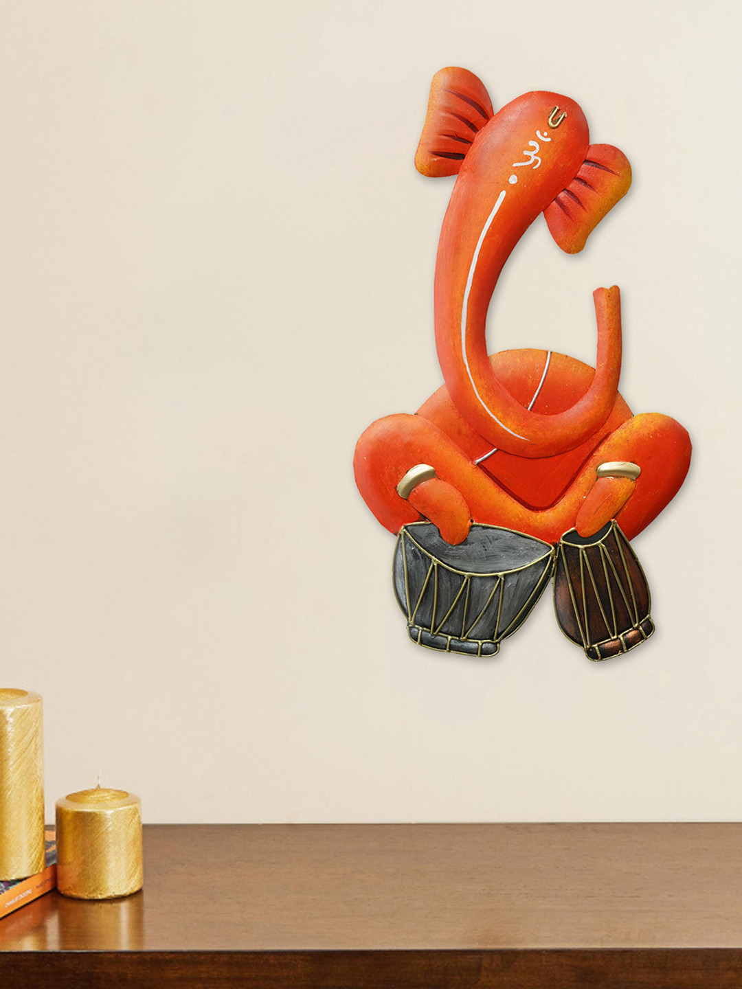 eCraftIndia Musician Lord Ganesha Playing Dholak Orange Iron Metallic Prayer Room Hand-Crafted Medium Showpiece - 15 Inches