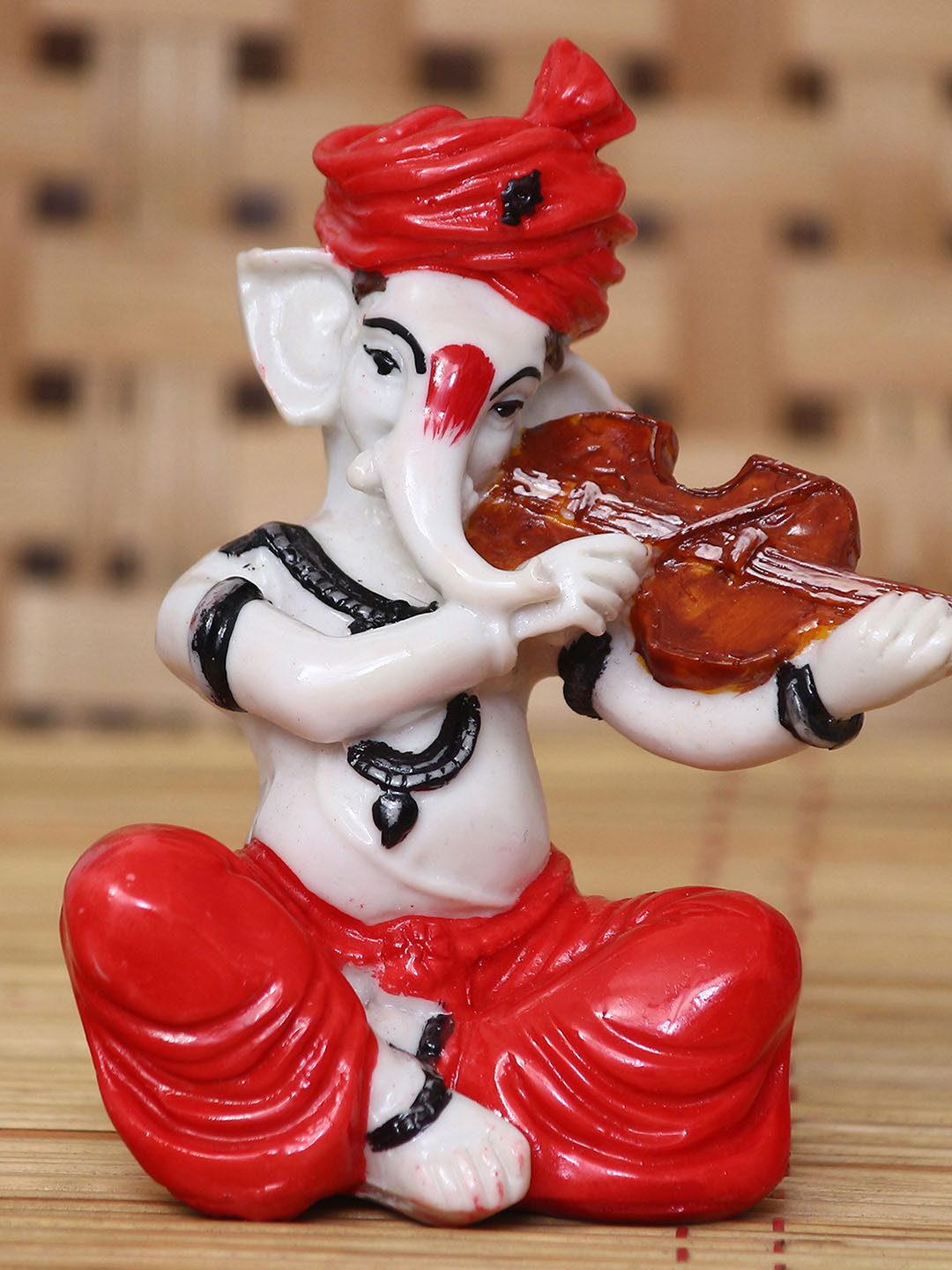 eCraftIndia Lord Ganesha Playing Violin White Polyresin Natural Prayer Room Small Showpiece - 4.7 Inches