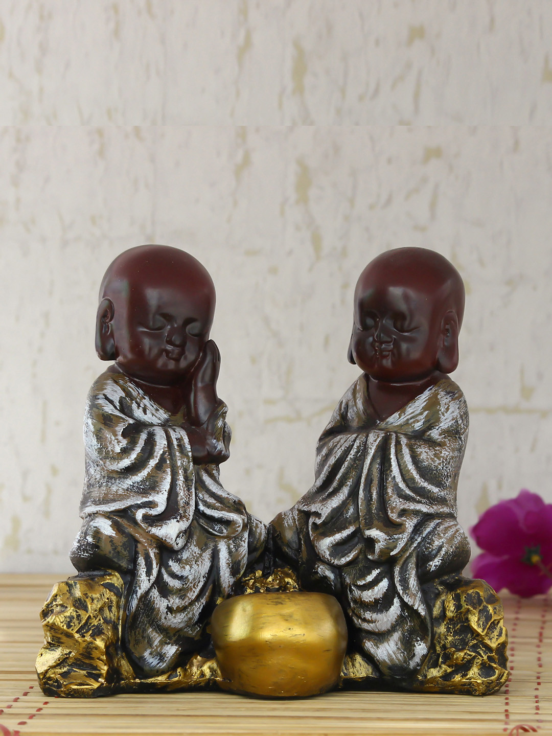 eCraftIndia Monks Silver Polyresin Natural Living Room Small Showpiece - 6.3 Inches