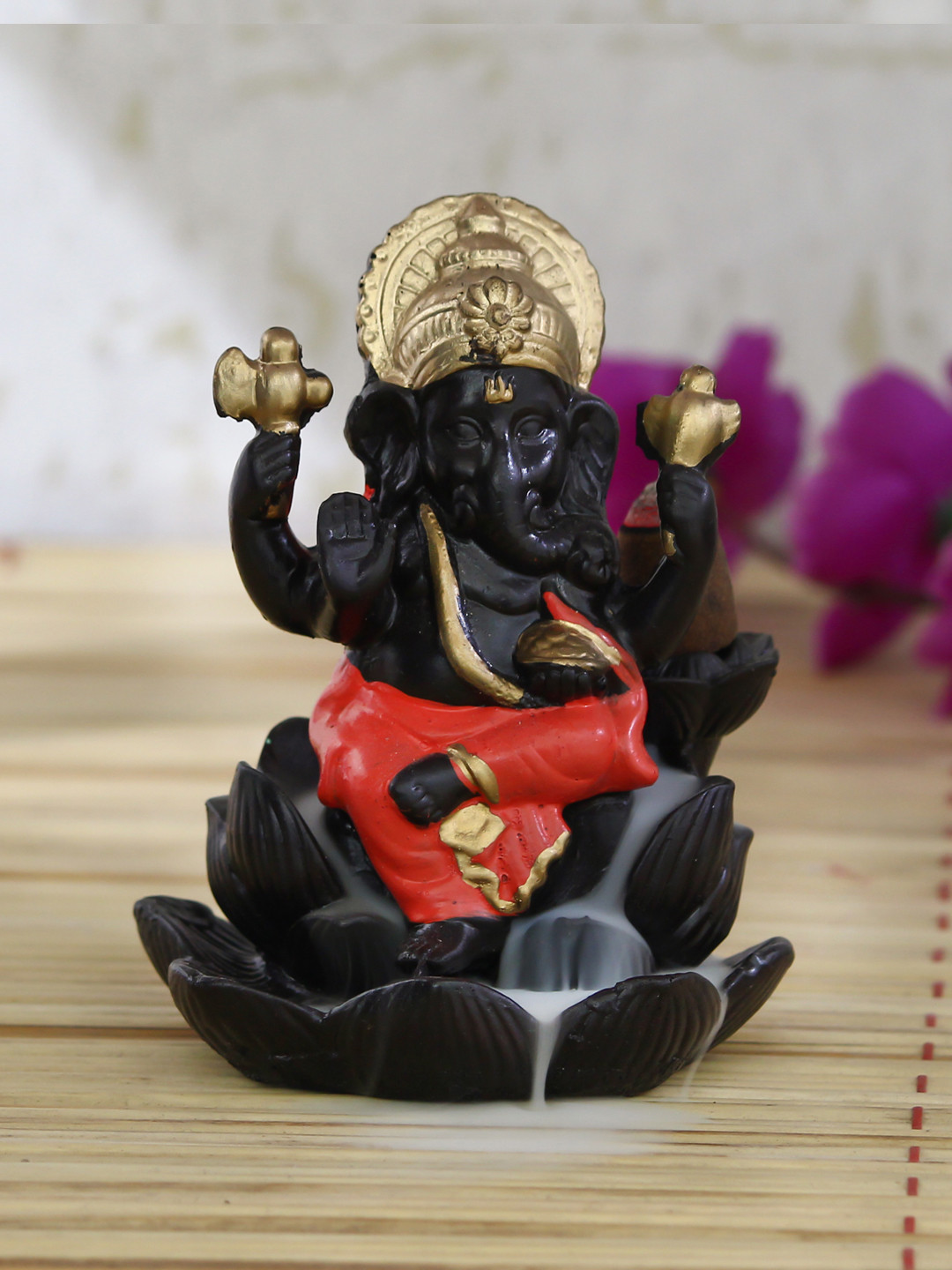 eCraftIndia Black & Orange-Coloured Handcrafted Lord Ganesha Smoke Backflow Cone Showpiece