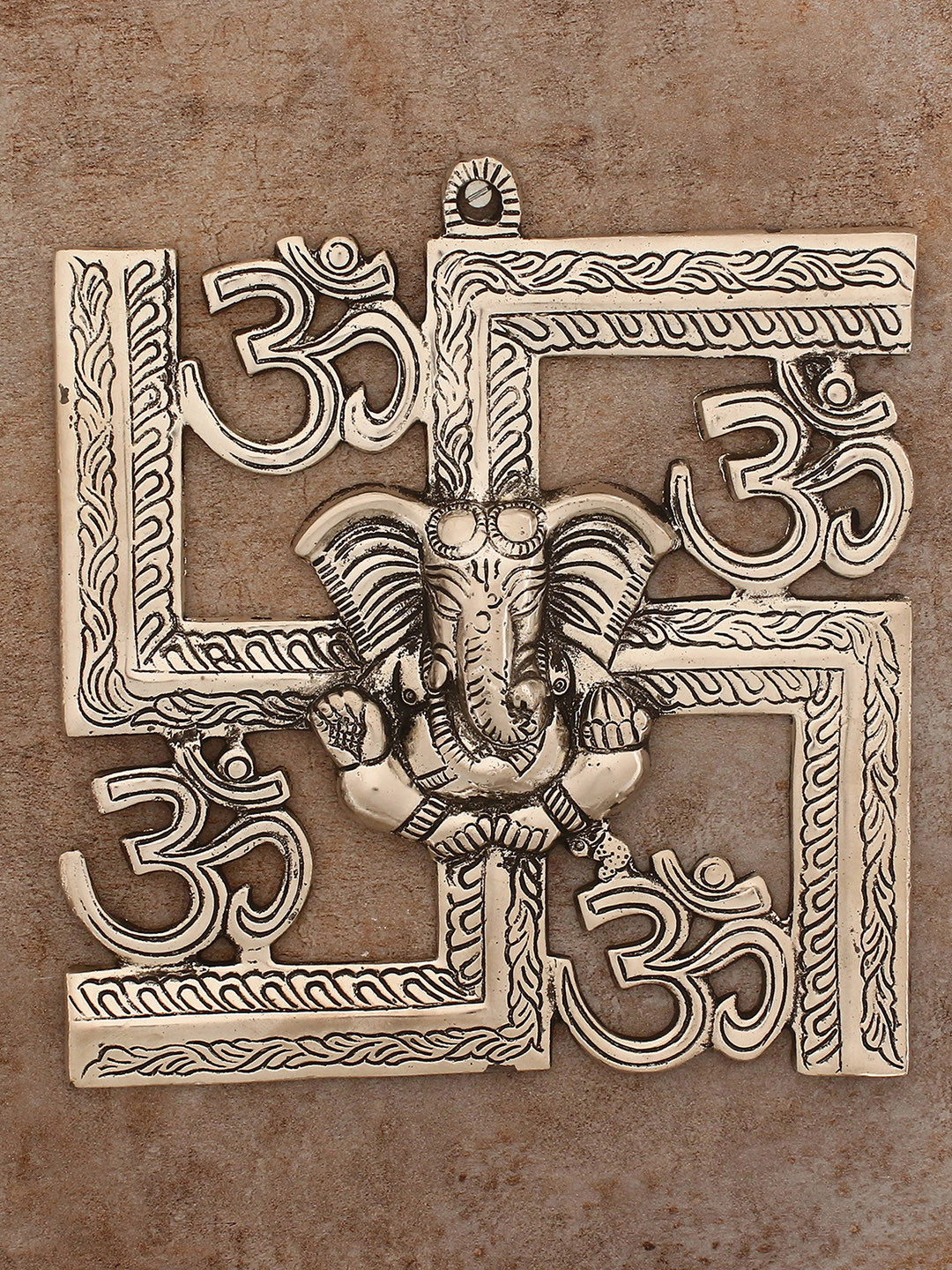 eCraftIndia Lord Ganesha on Om Swastik Metal Glossy Spiritual Wall Decor-8.7In