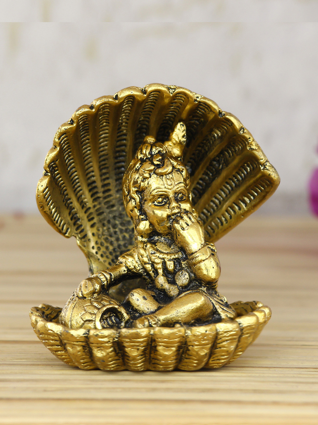 eCraftIndia Bal Gopal Krishna Having Makhan Gold Metal Metallic Prayer Room Tiny Showpiece - 3.5 Inches