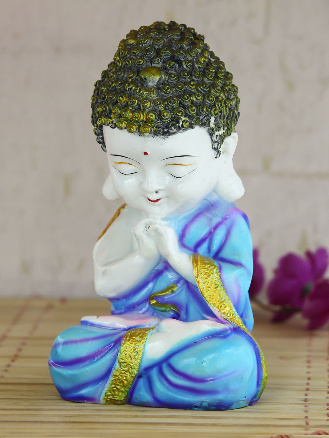 eCraftIndia Praying Monk Buddha Blue Resin Natural Living Room Small Showpiece - 7.1 Inches