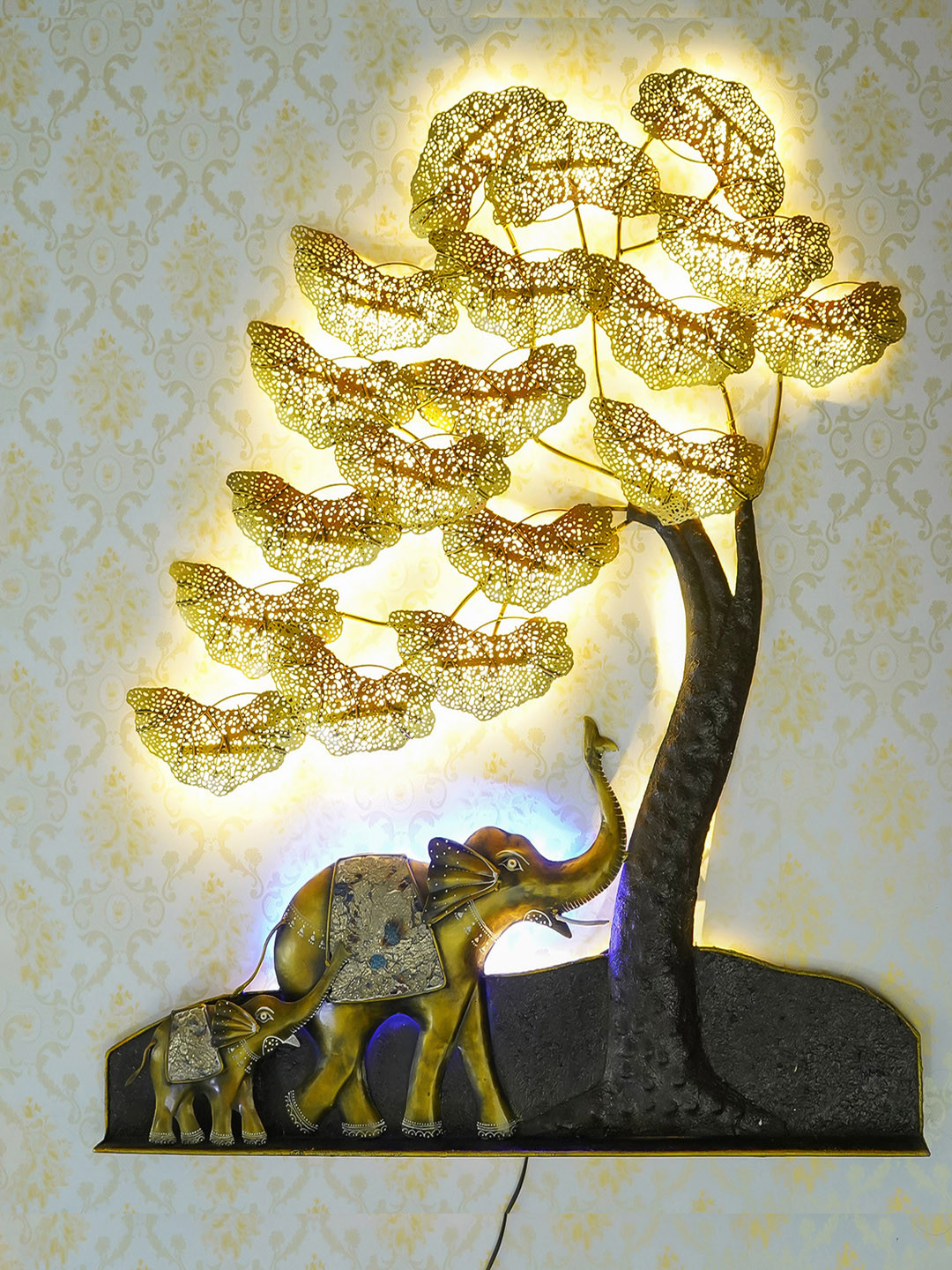 eCraftIndia Gold-Toned & Black Handcrafted Elephant Family Under Golden Leaves Tree Wall Hanging with Background LED's