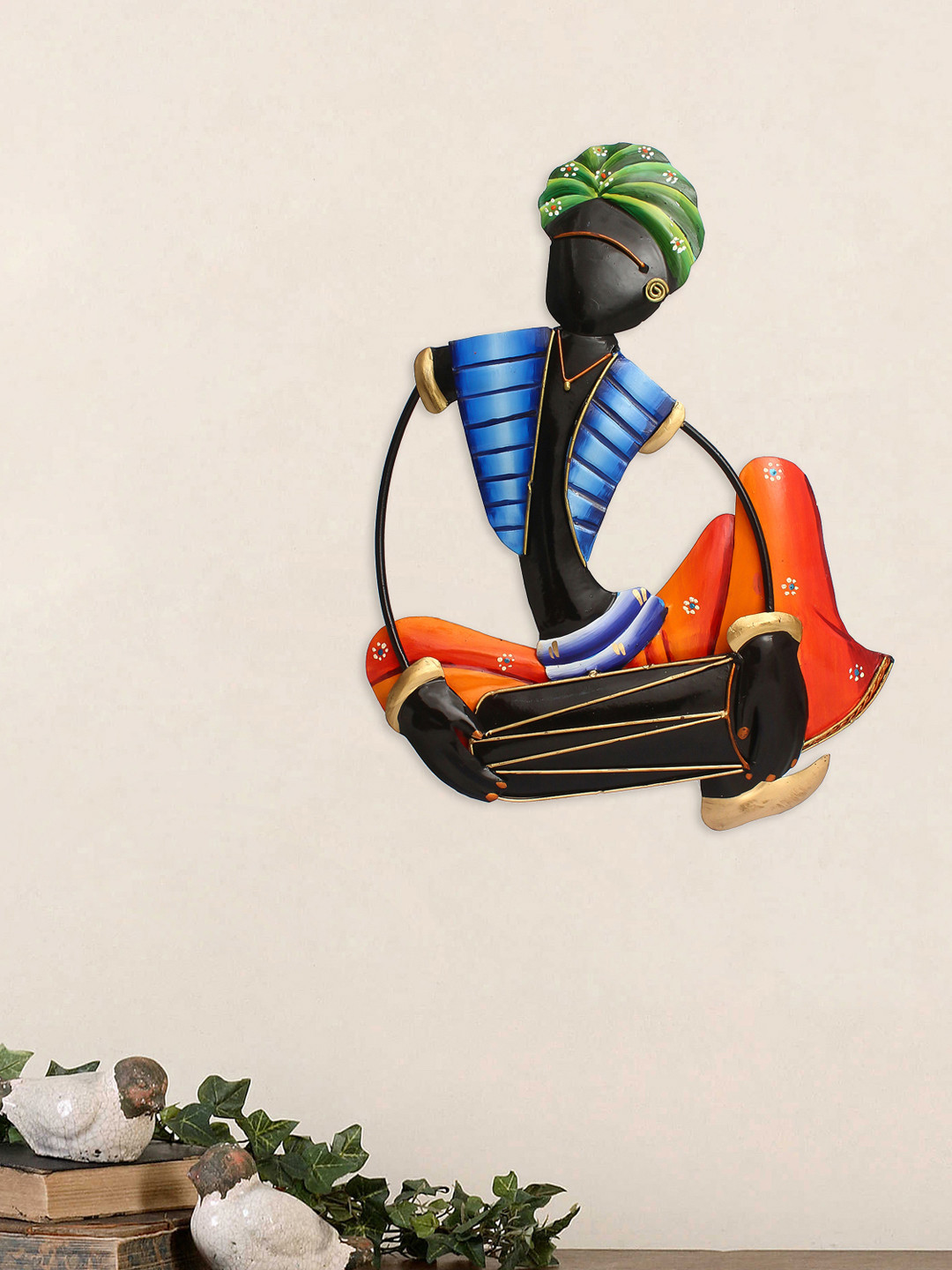 eCraftIndia Musician Tribal Man Playing Dholak Metal Glossy Wall Hangings-14In
