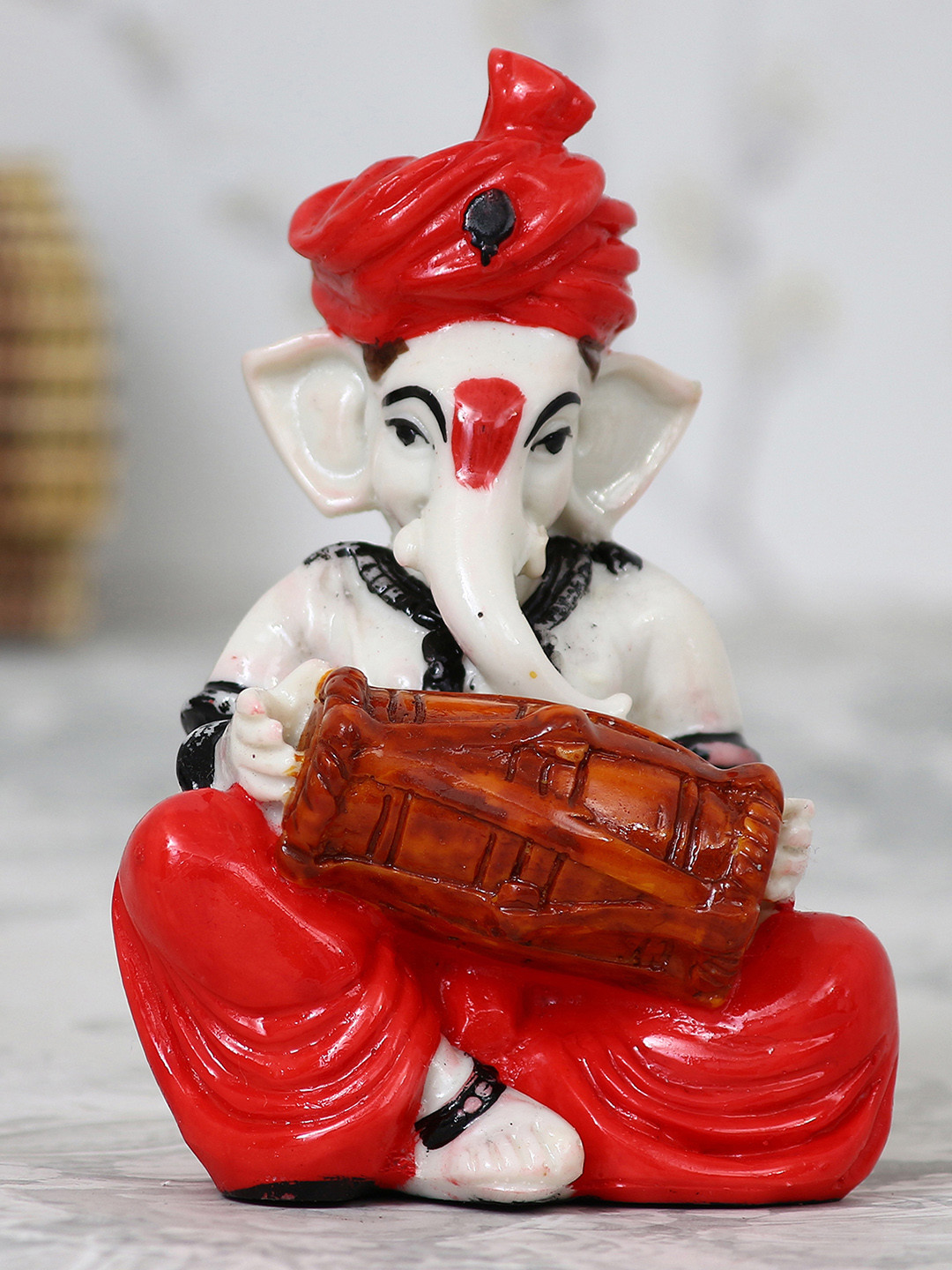 eCraftIndia Lord Ganesha Playing Dholak Red Polyresin Glossy Prayer Room Small Showpiece - 4.7 Inches