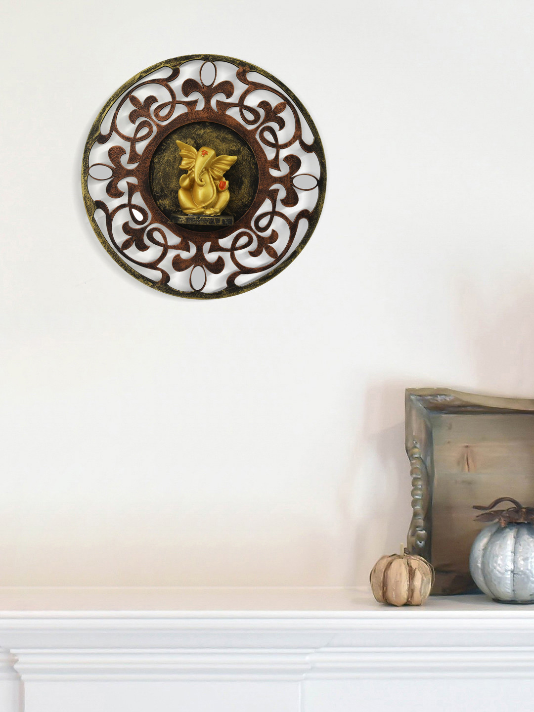 eCraftIndia Lord Ganesha Brown Wood Metallic Prayer Room Medium Showpiece - 9.8 Inches