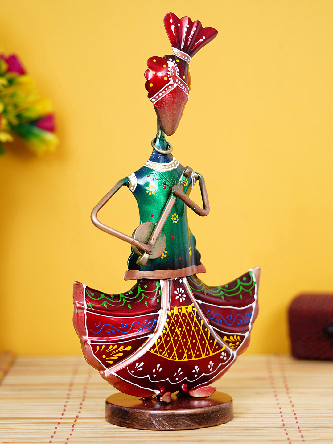 eCraftIndia Tribal Lady Playing Musical instrument Banjo Green Metal Metallic Living Room Medium Showpiece - 12.8 Inches