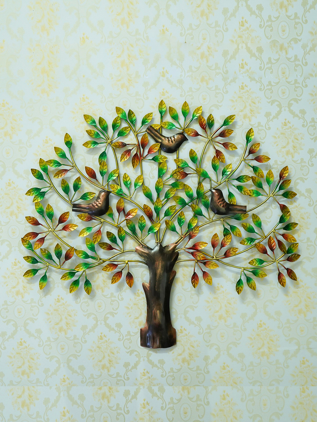 eCraftIndia Green & Brown Handcrafted Birds Sitting On Leaves Tree Wall Hanging Showpiece