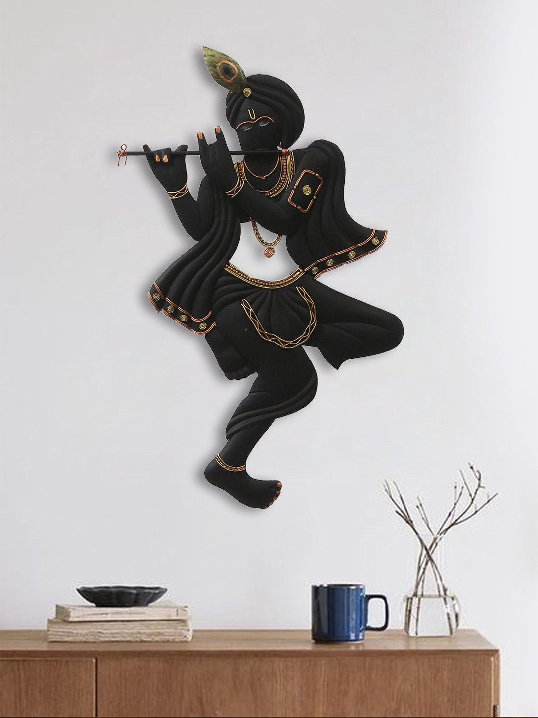 eCraftIndia Lord Krishna Playing Flute Metal Matte Spiritual Wall Decor-24.4In
