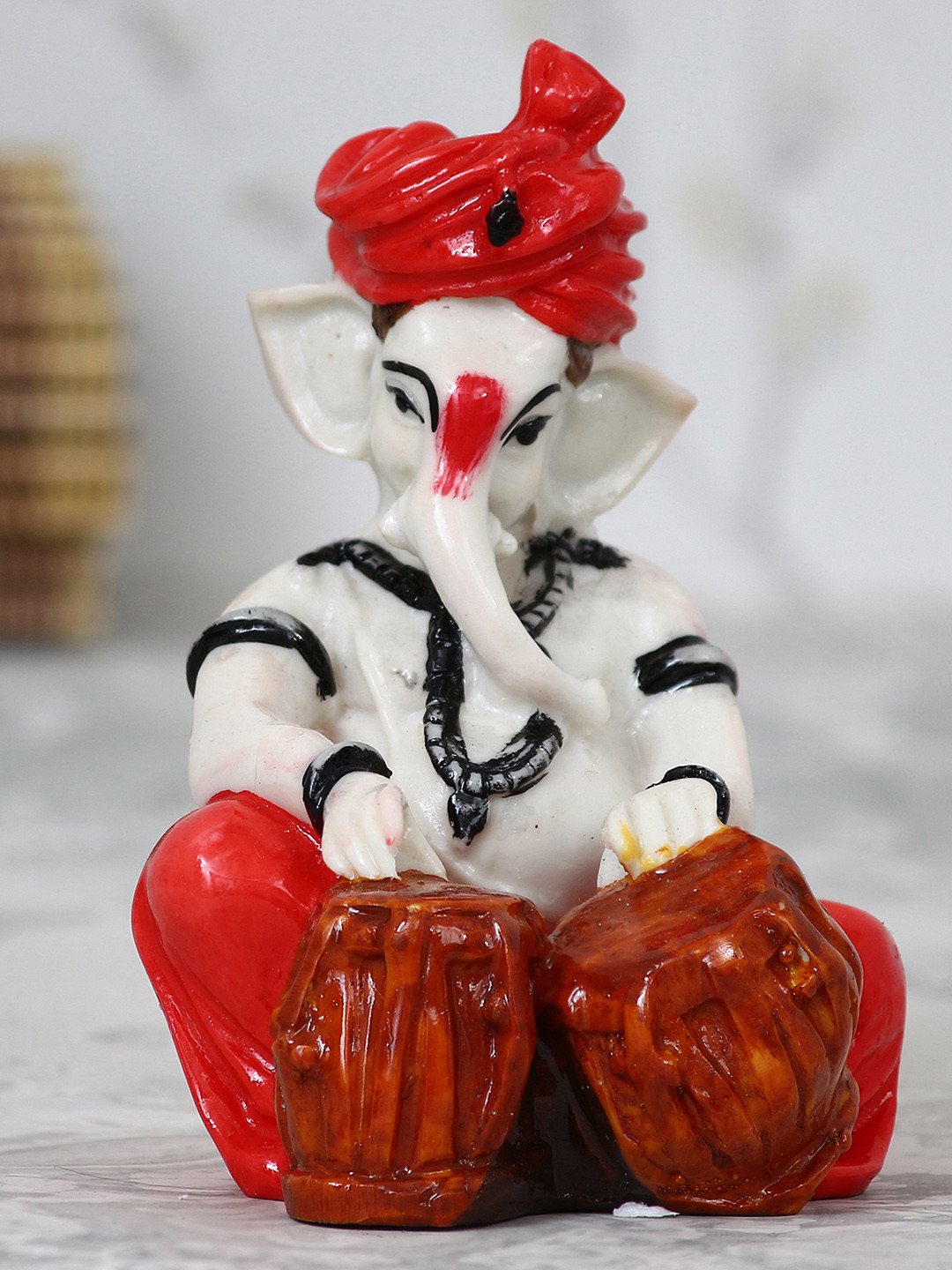 eCraftIndia Lord Ganesha Playing Tabla Red Polyresin Matte Prayer Room Small Showpiece - 4.7 Inches