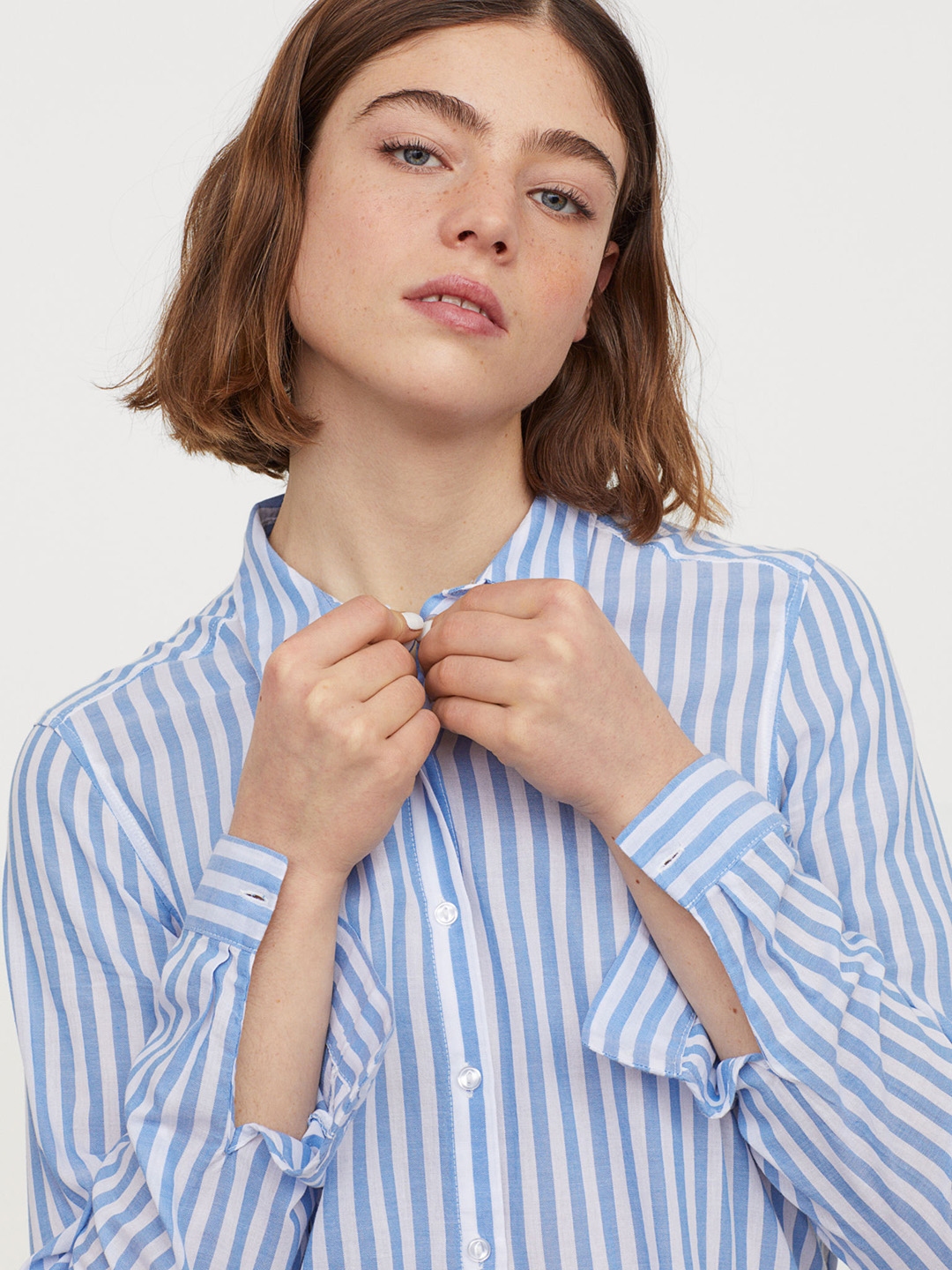 H&M Women Blue & White Regular Fit Striped Cotton Casual Shirt