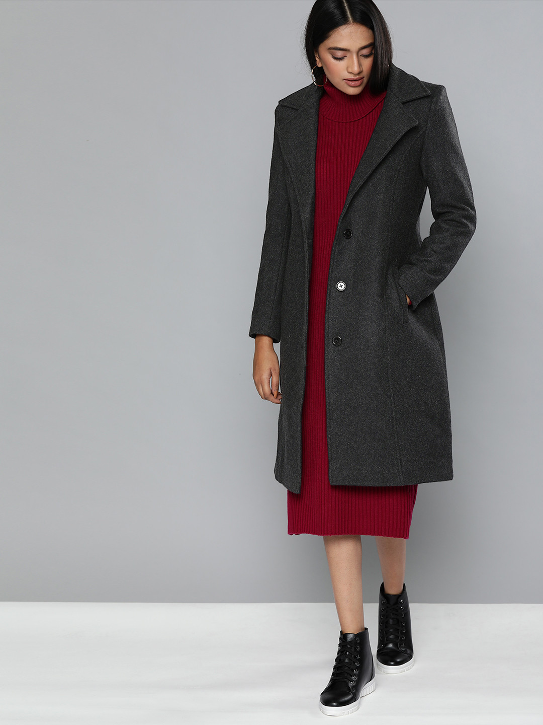 Chemistry Women Charcoal Grey Solid Knee Length Trench Coat