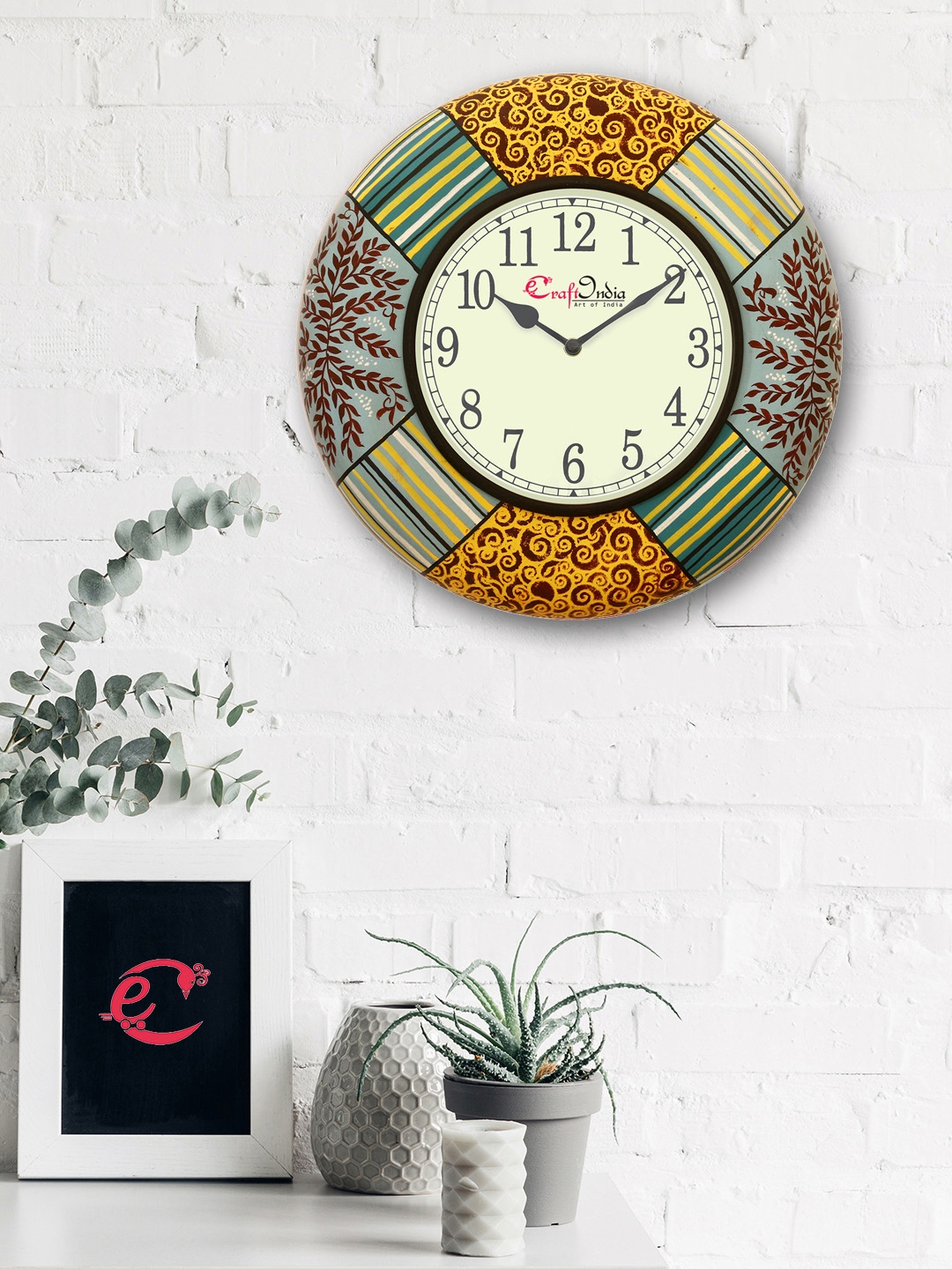 eCraftIndia Cream Coloured Handcrafted Round Printed Analogue Wall Clock 35 cm