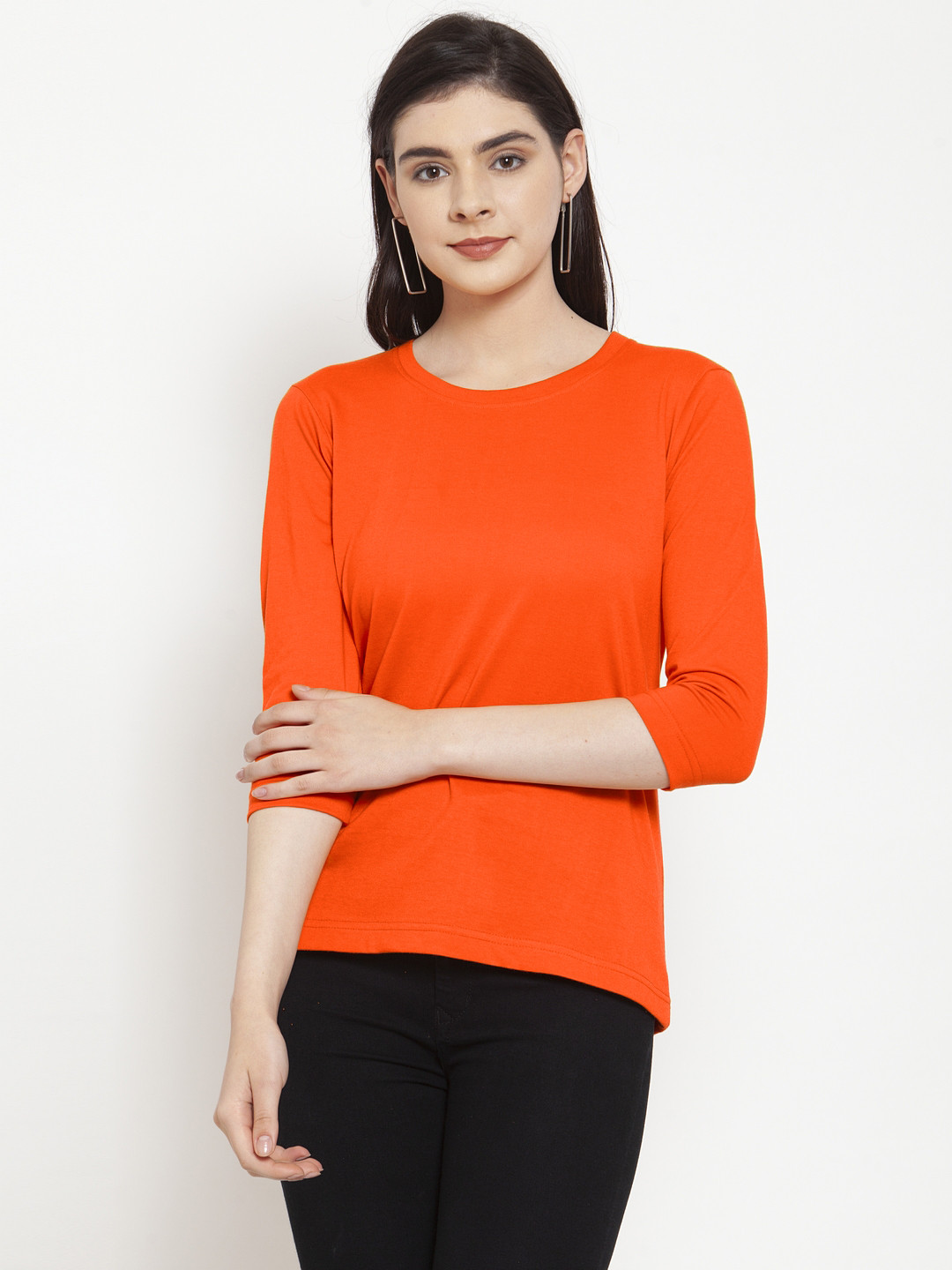 Friskers Women Orange Solid Round Neck T-shirt