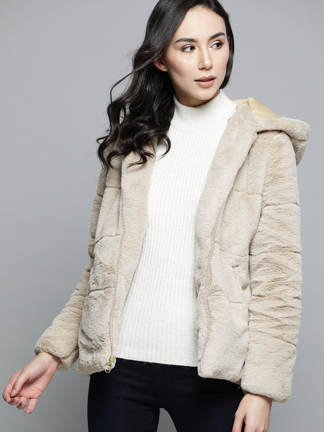 Chemistry Women Beige Self Design Hooded Tailored Jacket