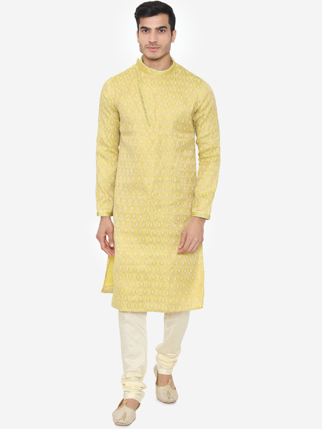 Manu Men Yellow Self Design Kurta with Churidar