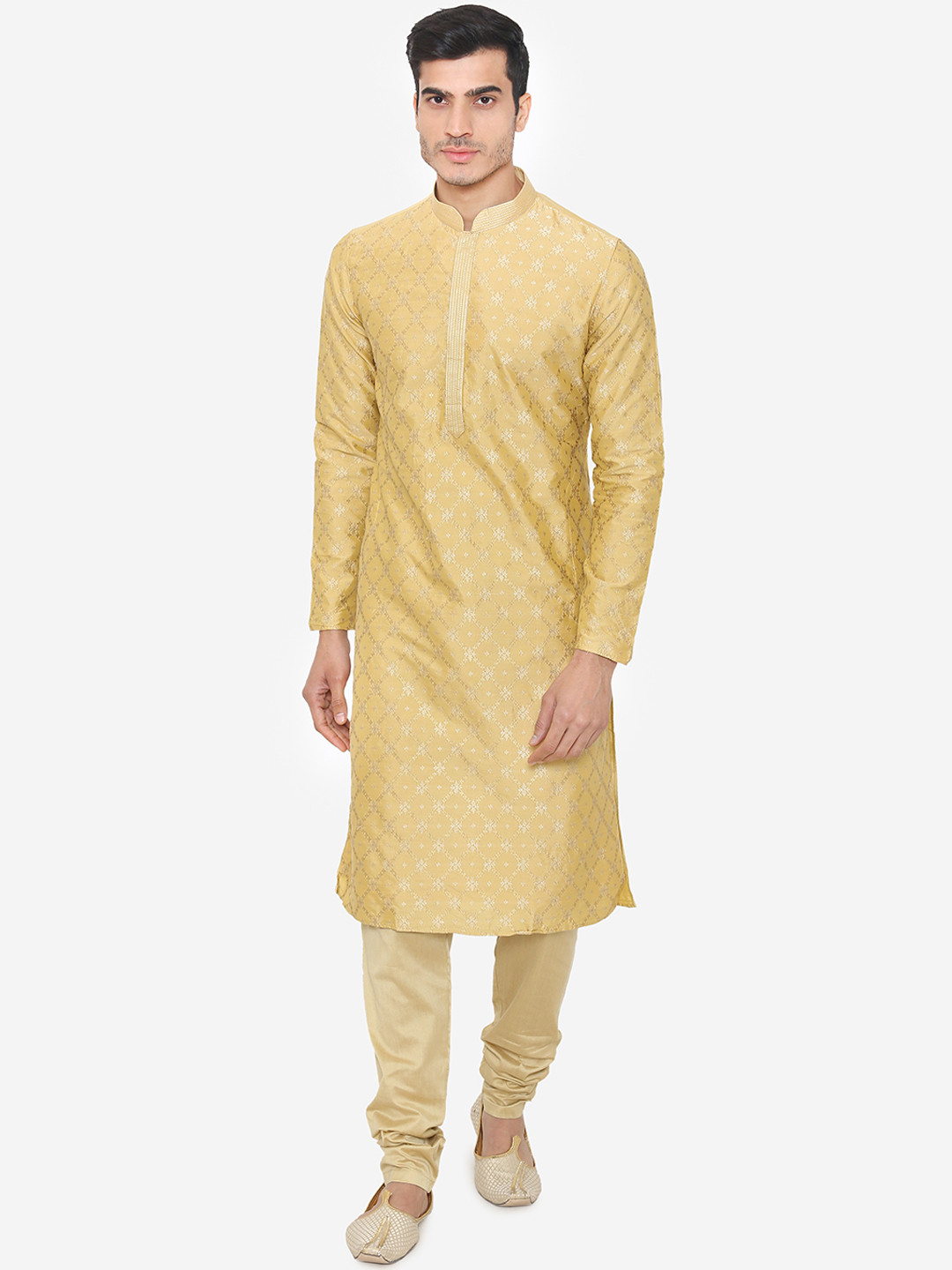 Manu Men Yellow Self Design Kurta with Churidar
