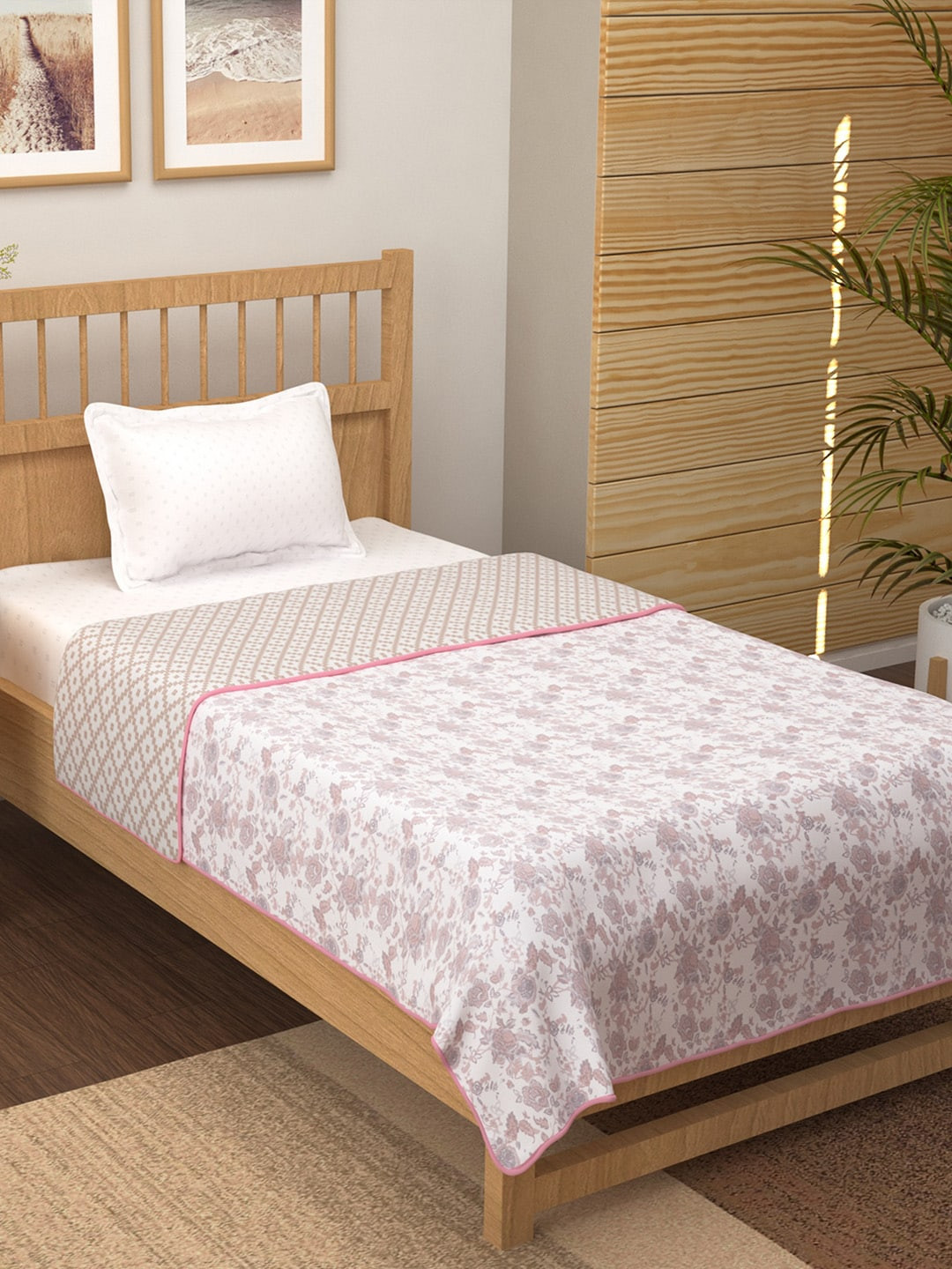 Story@home Pink White Floral Mild Winter 150 GSM Single Bed Dohar
