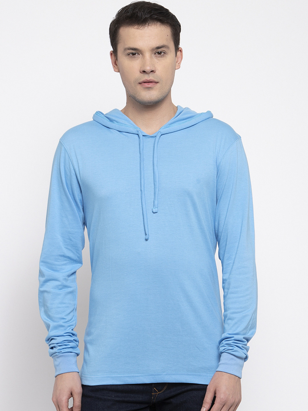 Friskers Men Turquoise Blue Solid Hood T-shirt