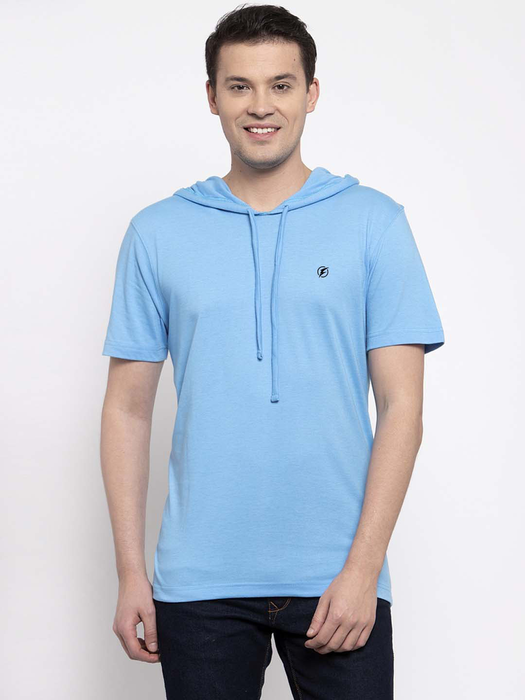 Friskers Men Turquoise Blue Solid Hood T-shirt