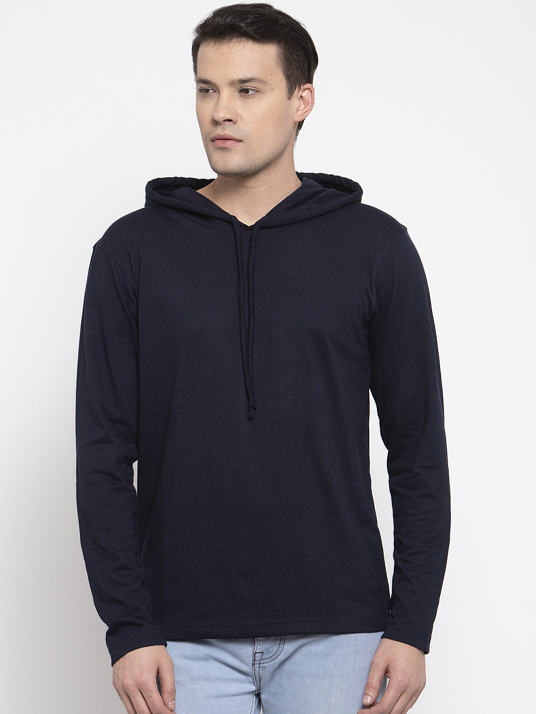 Friskers Men Navy Blue Solid Hood T-shirt