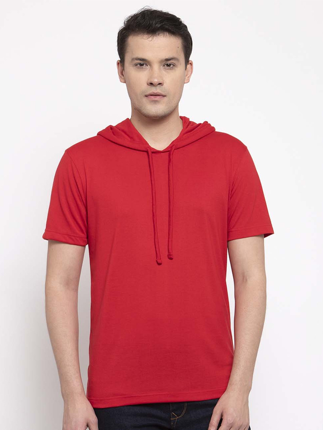 Friskers Men Red Solid Hooded T-shirt