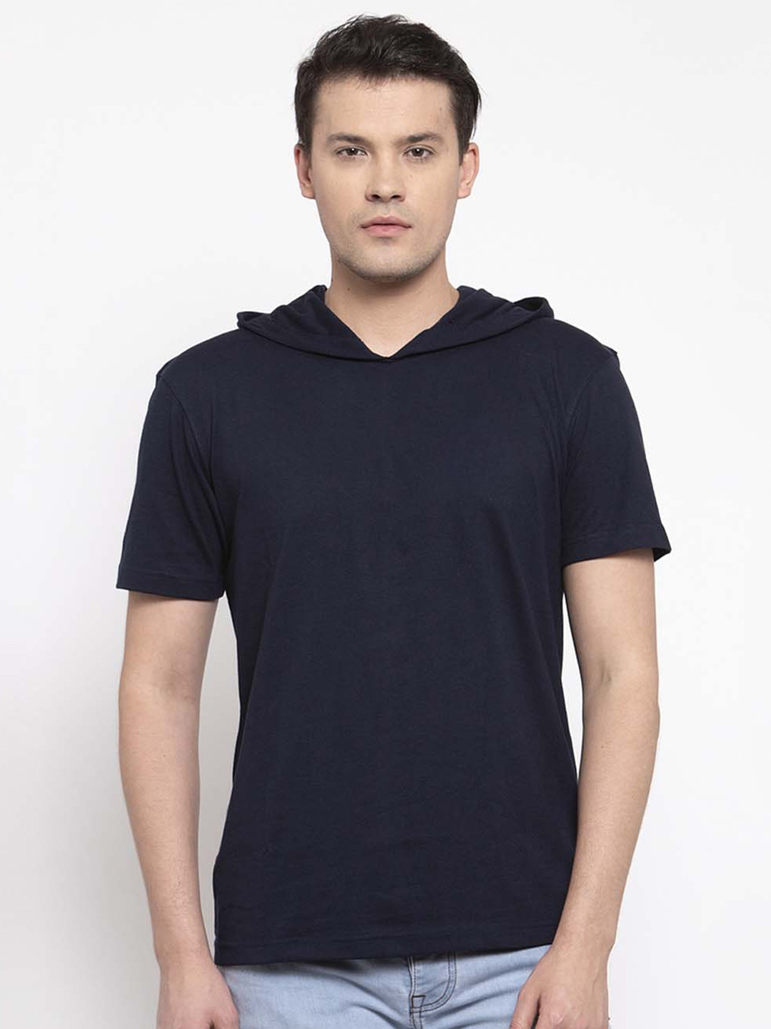 Friskers Men Navy Blue Solid Hooded T-shirt