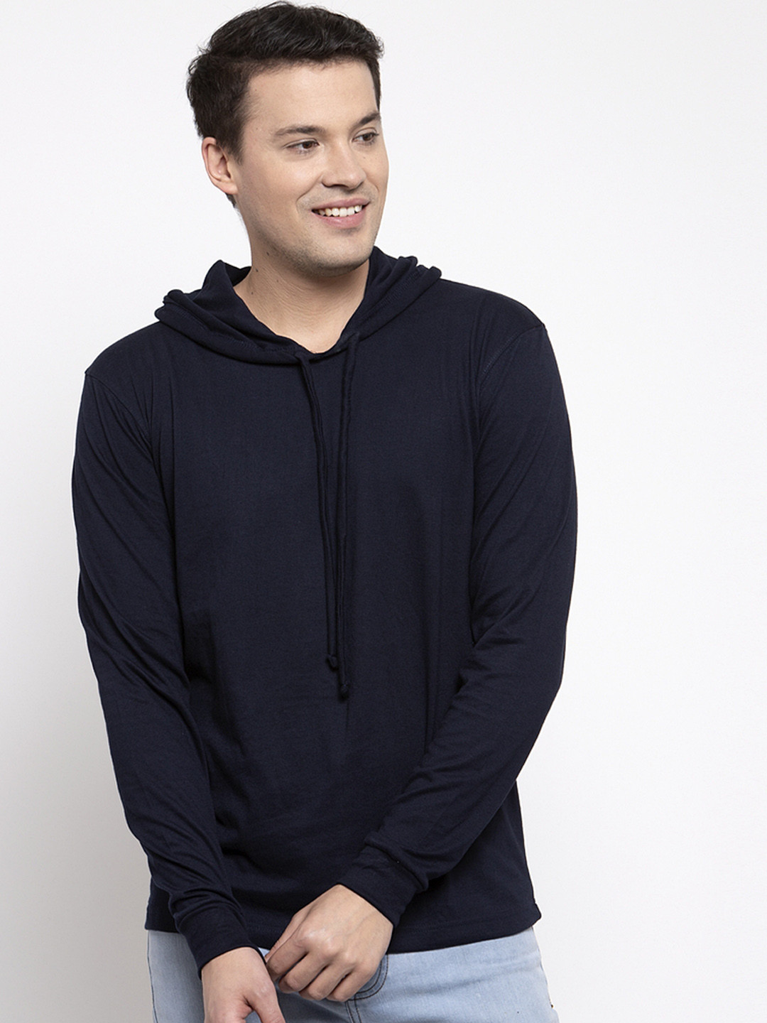 Friskers Men Navy Blue Solid Hood T-shirt