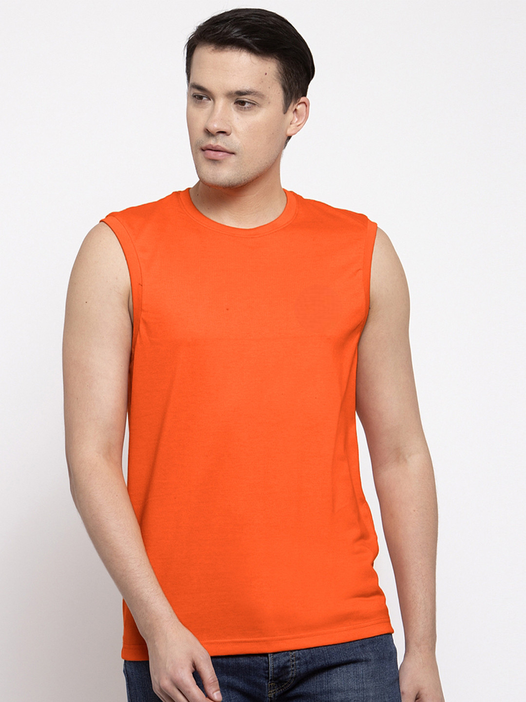 Friskers Men Orange Solid Round Neck T-shirt