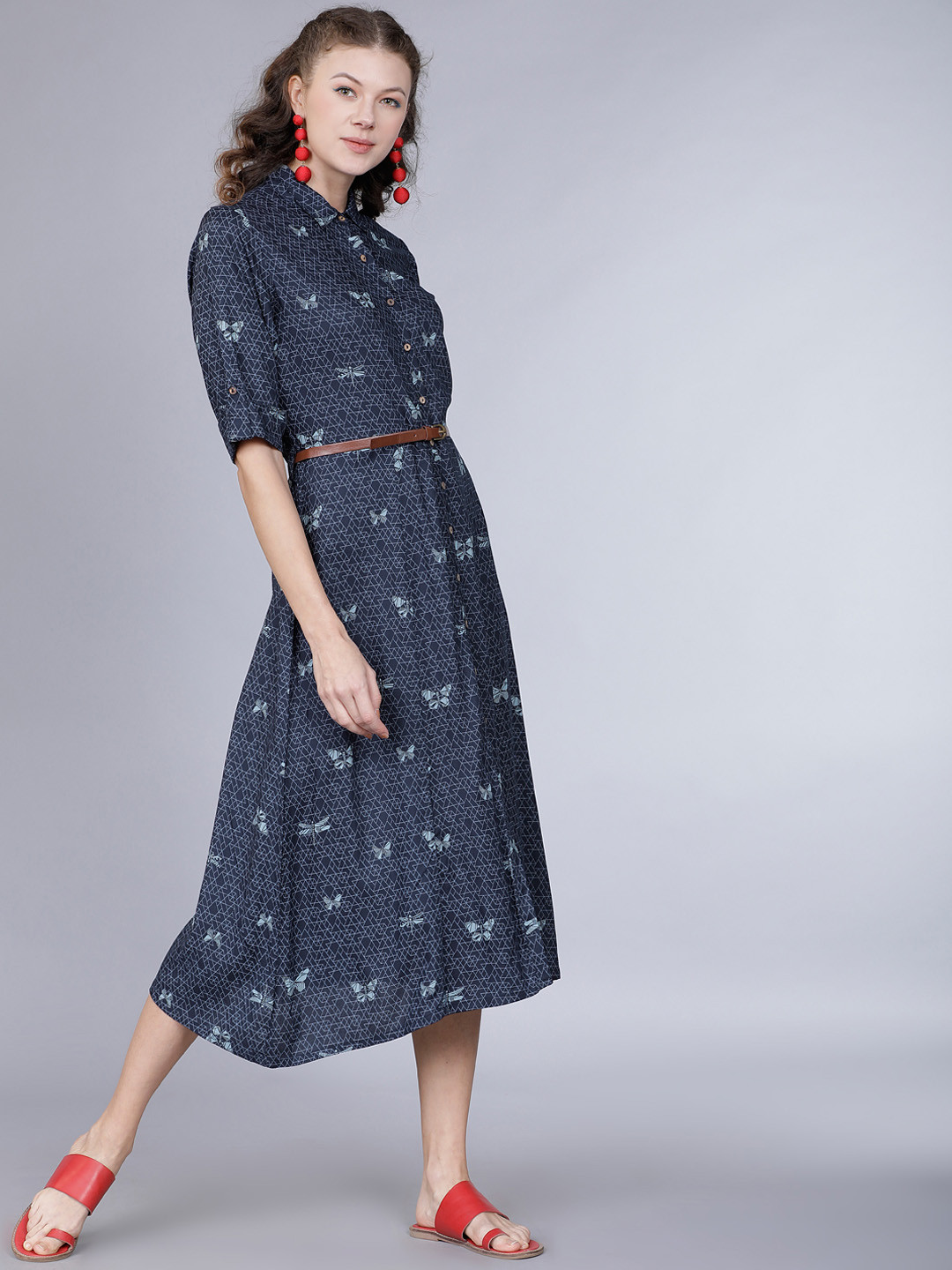 Vishudh Women Navy Blue Printed Shirt Dress