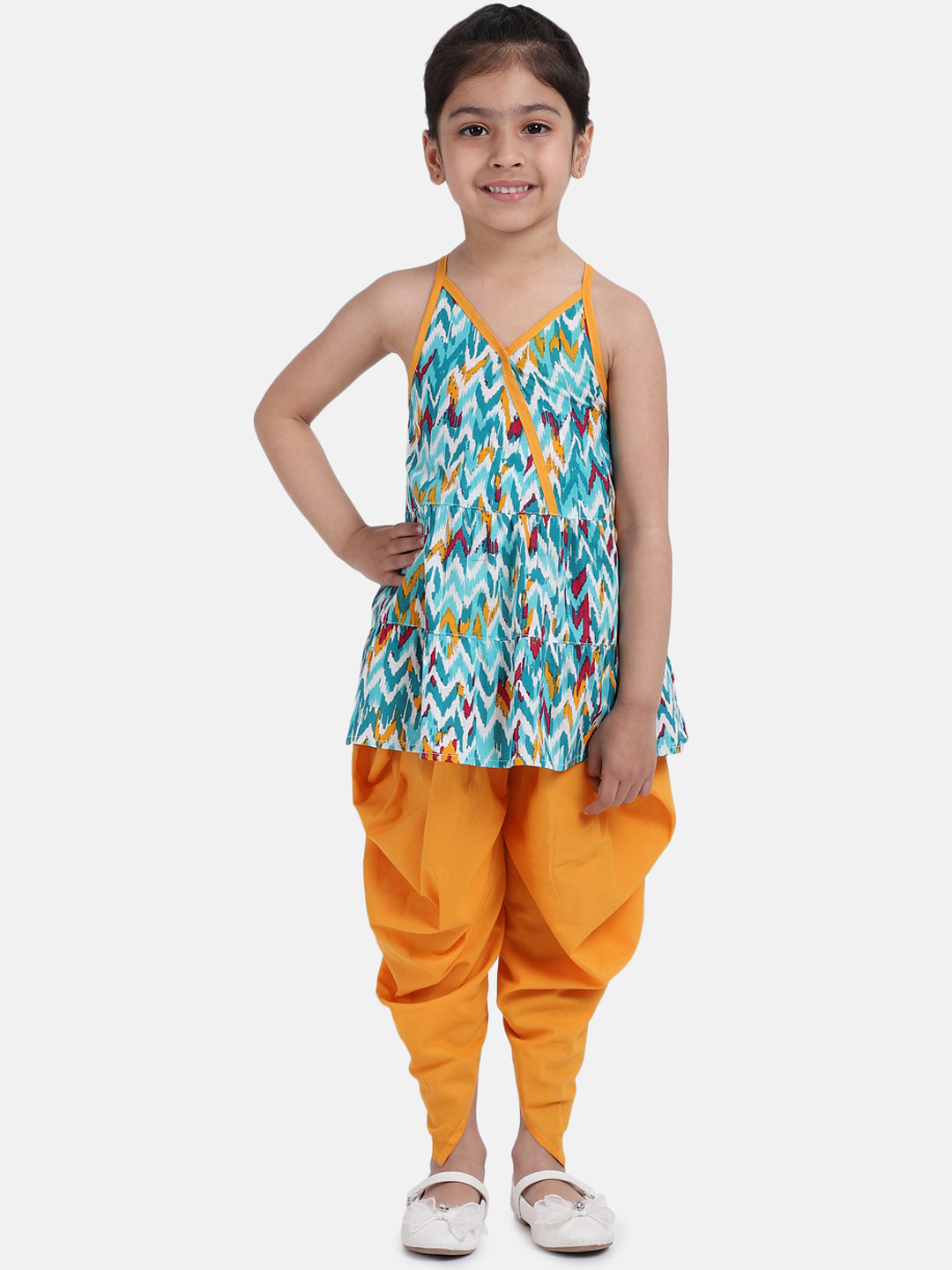 BownBee Girls Blue & Mustard Yellow Printed Kurti with Dhoti Pants
