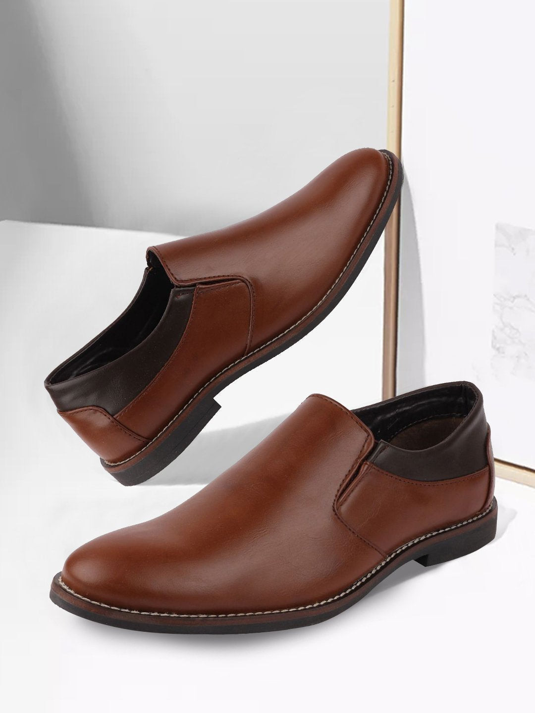 FAUSTO Men Tan Brown Colourblocked Formal Slip-On Shoes