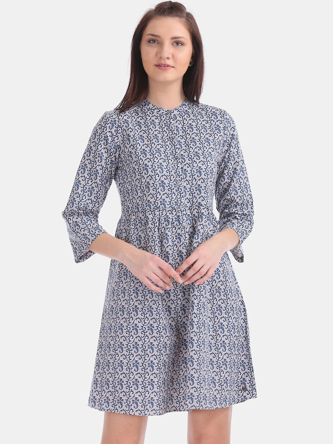 U.S. Polo Assn. Women Blue Printed Linen Fit and Flare Dress