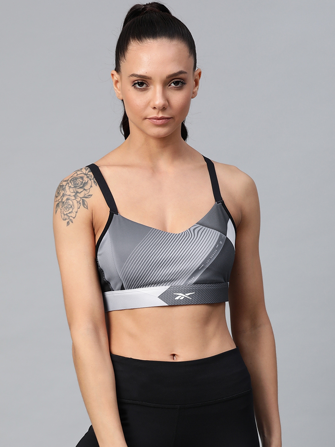 Reebok Grey Printed Non Wired Lightly Padded TS HERO STRAPPY MODR Sports Bra FK7024