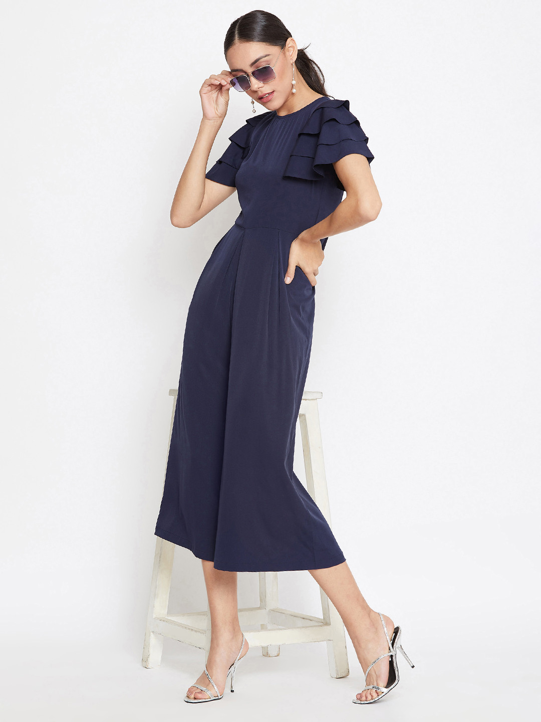 Uptownie Lite Women Navy Blue Ruffle Sleeves Midi Jumpsuit