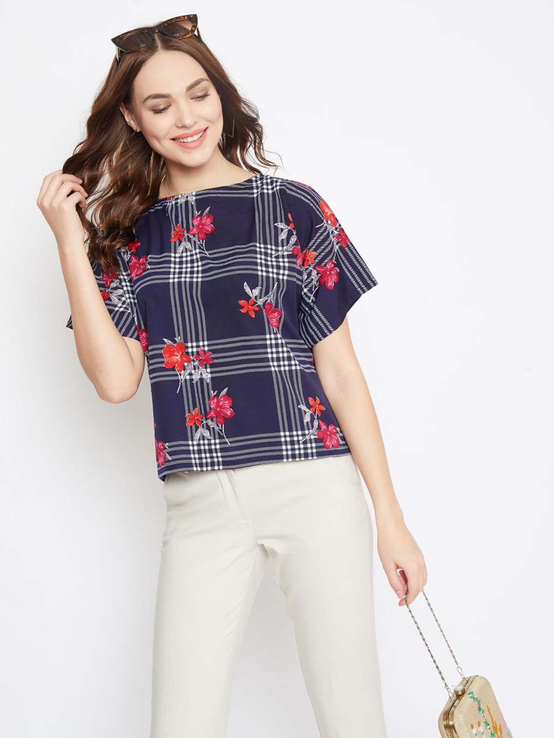Uptownie Lite Women Navy Blue & White Printed Boxy Top