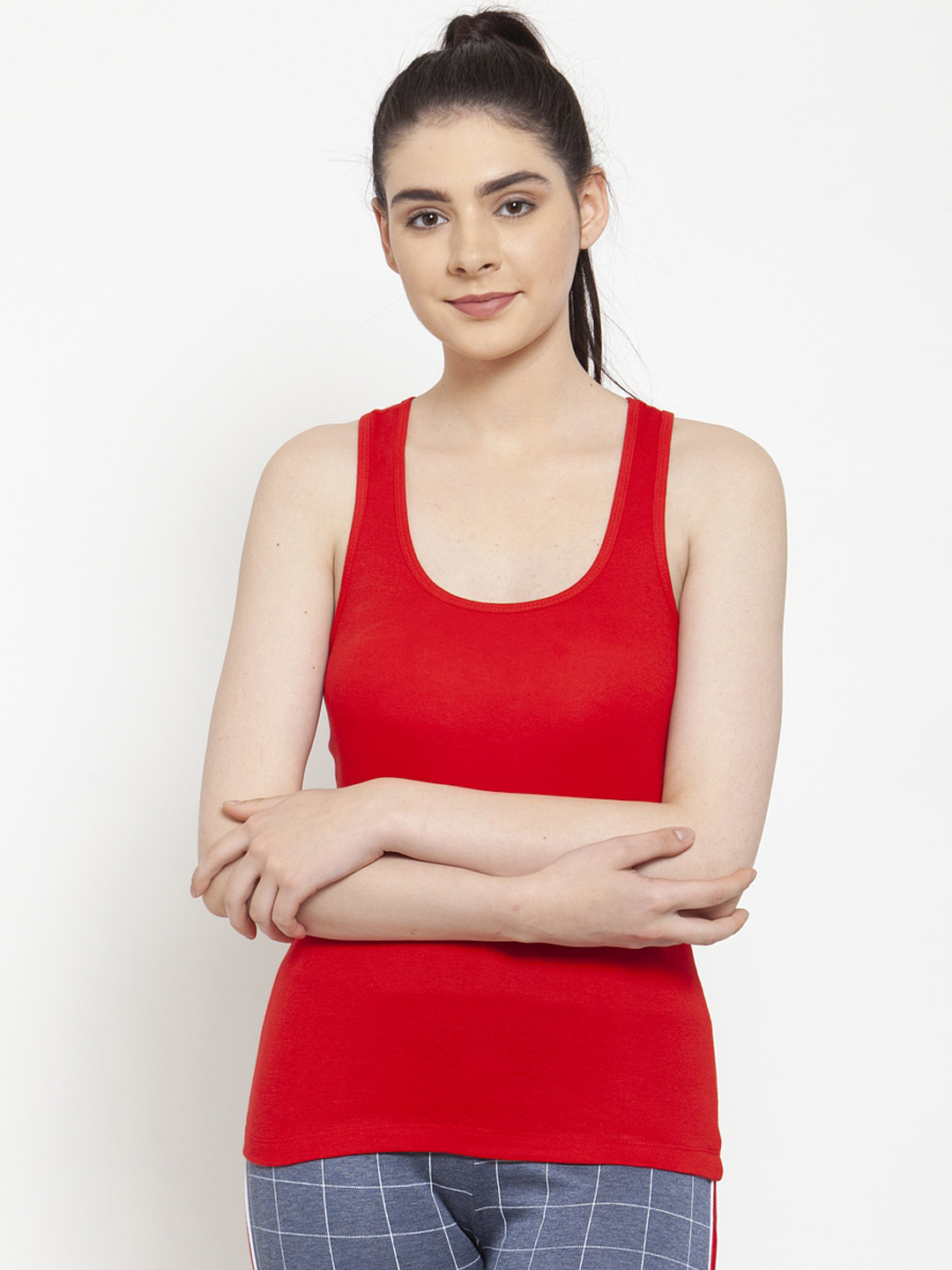 Friskers Women Red Solid Tank Pure Cotton Top