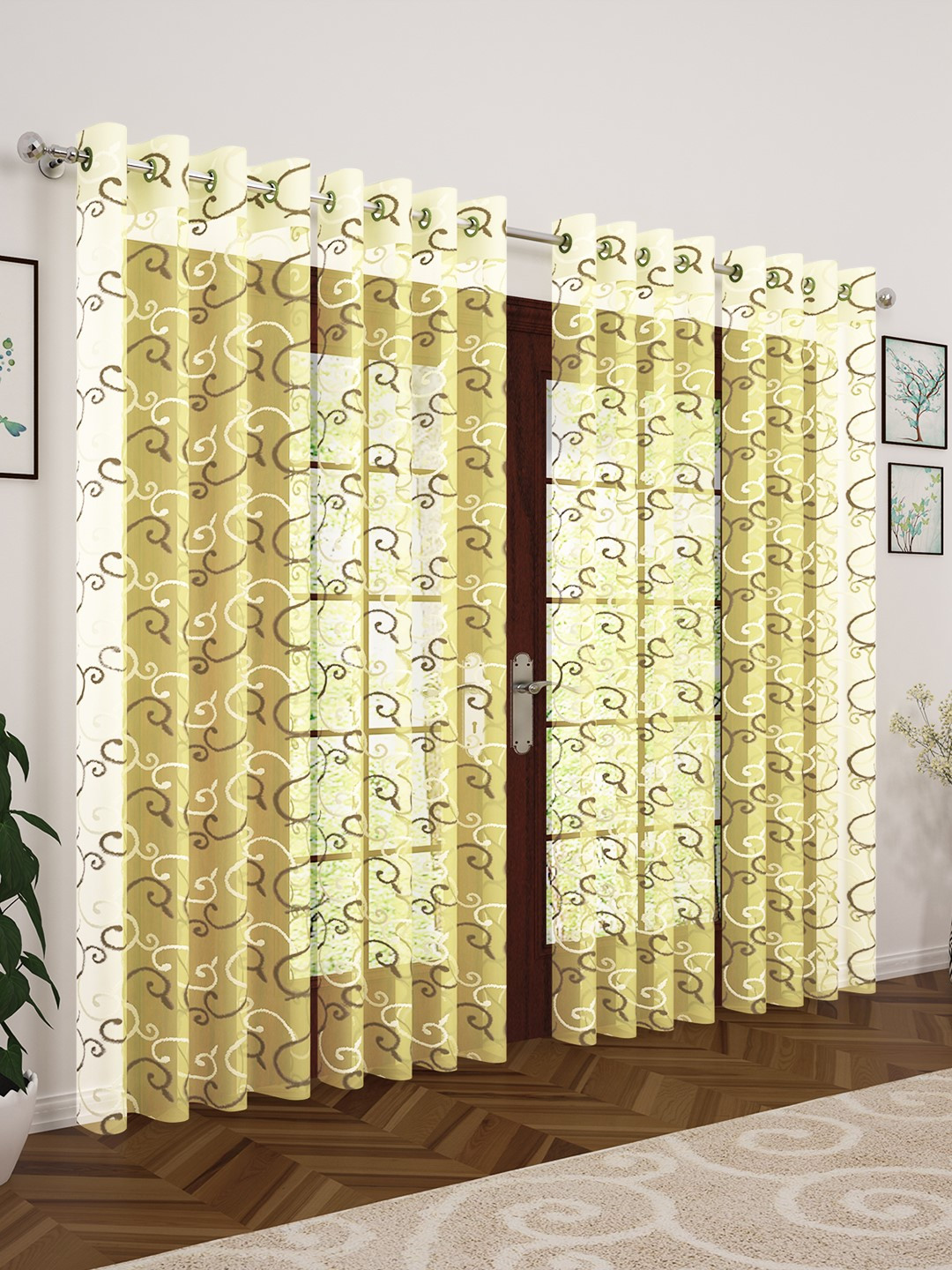 Story@home Yellow Set of 4 Imagica Collection Sheer Polyester Door Curtains
