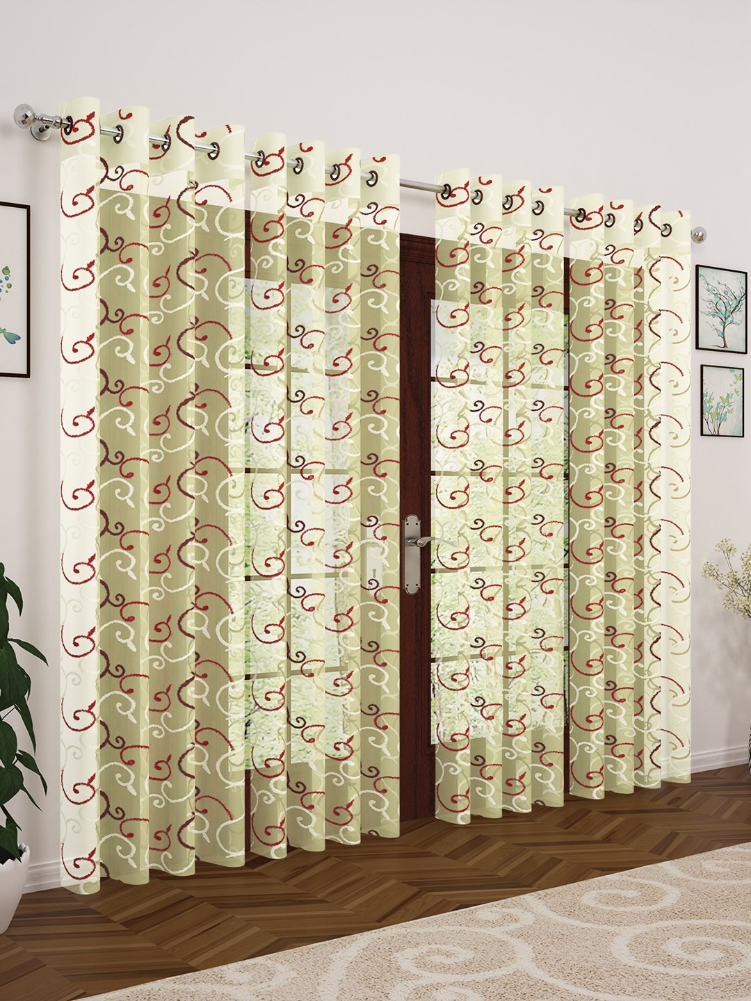 Story@home Yellow & Maroon Set of 4 Embroidered Tissue Jacquard Textured Door Curtains