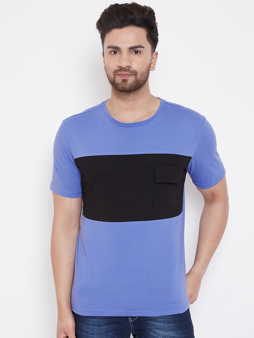GRITSTONES Men Blue & Black Colourblocked Round Neck T-shirt