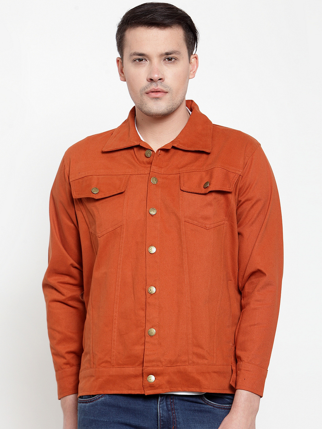 VOXATI Men Orange Solid Denim Jacket