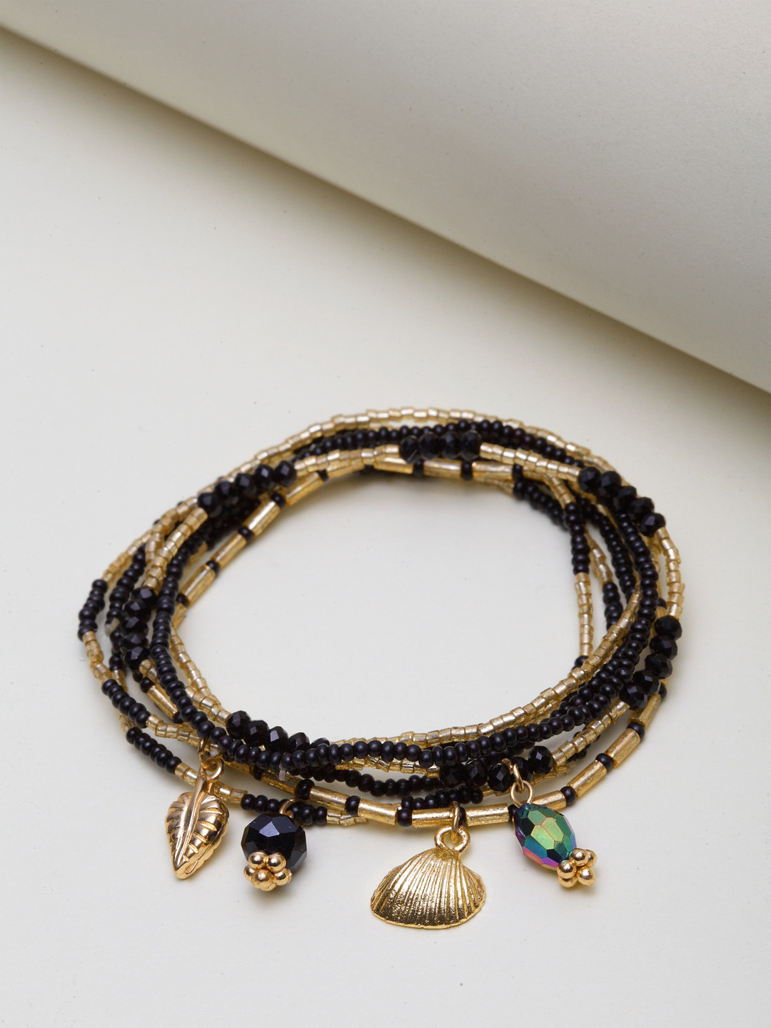 Madame Set of 7 Black & Rose Gold-Plated Elasticated Charm Bracelets